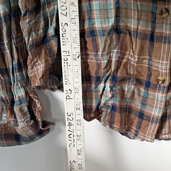 Ee:Some Brown Blue Plaid Button Up Shirt Women’s Small Rayon Boho Top Cottage - Picture 6 of 9
